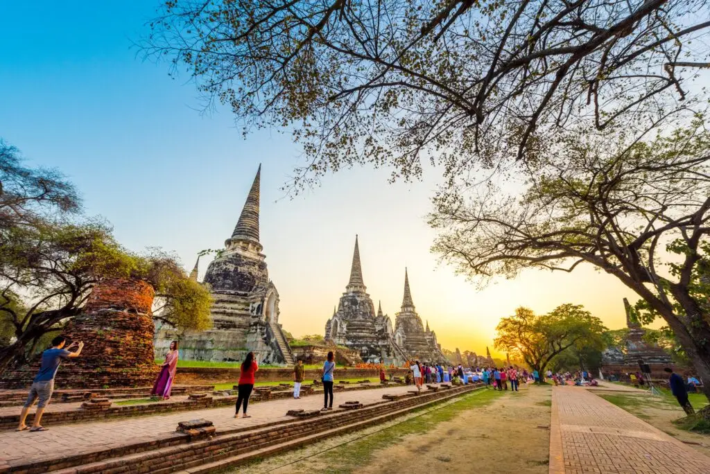 Giving Alms to Monk in Songkran Festival at Phra Si Sanphet Temple is located in Phra Nakhon Si Ayutthaya Historical Park, Phra Nakhon Si Ayutthaya